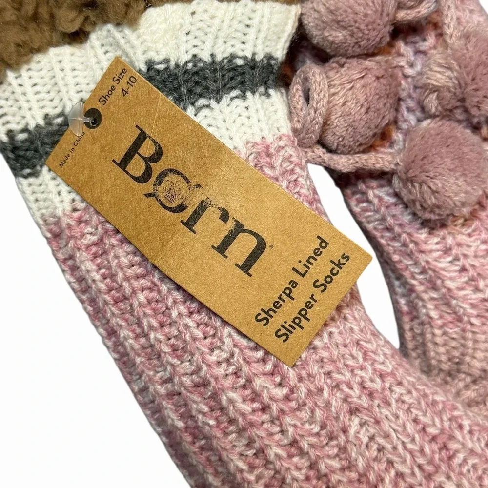 Born Women's Sherpa Lined Slipper Socks - Shoe Size 4-10 Mauve / Cocoa /Pom  NWT